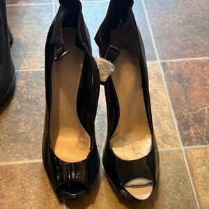 Colin Stuart Black Patent Peep-Toe Ankle Strap Heels